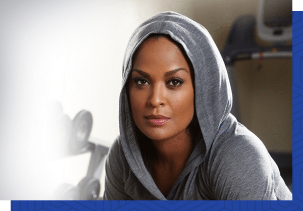 Laila In Gym with Gray Hooded Sweatshirt