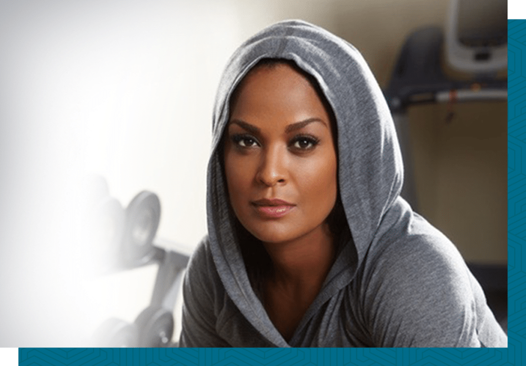 Laila Ali In Gym with Gray Hooded Sweatshirt