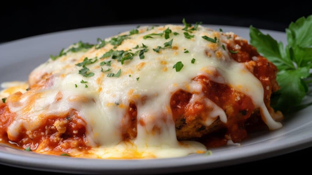baked chicken parmesan with melted mozzarella cheese on top and garnished with fresh parsley
