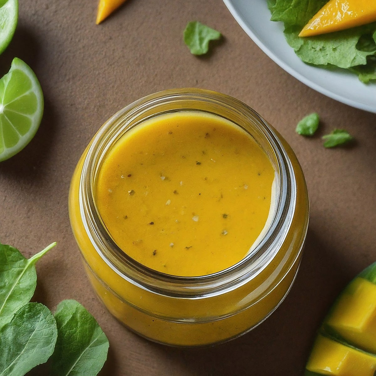 top view of lime mango vinaigrette in a clear jar surrounded by lime and mango