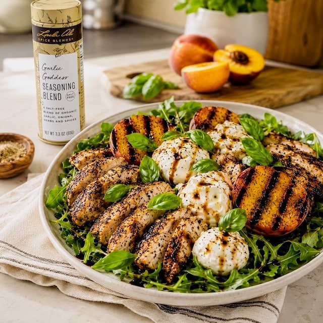 Grilled Chicken Peach Burrata Salad