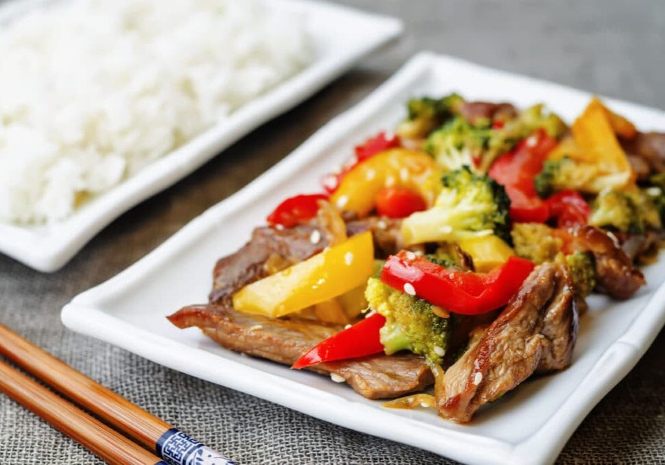 Pepper,Broccoli,Beef,Stir,Fry,On,A,Grey,Background.,The