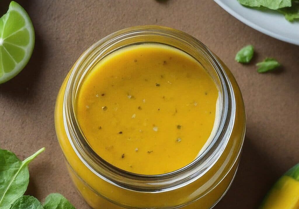 top view of lime mango vinaigrette in a clear jar surrounded by lime and mango