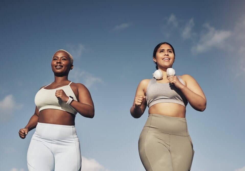 Blue,Sky,,Fitness,And,Running,With,Women,Outdoor,Together,For