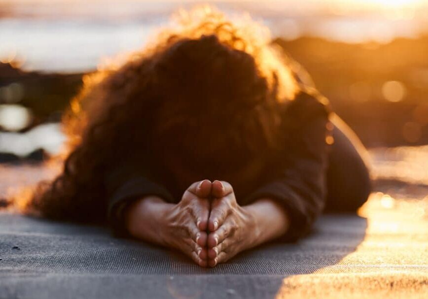 Woman,,Beach,And,Sunset,With,Yoga,,Balasana,And,Stretching,For